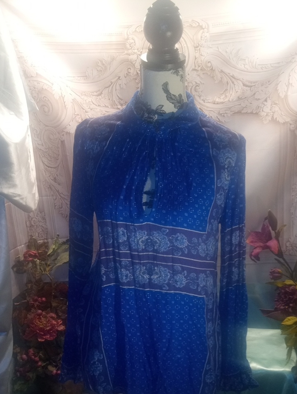 Free People Royal Blue Paisley Keyhole Blouse